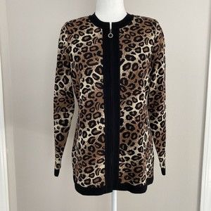 Exclusively Misook Animal Print Full Zip Knit Jacket Size XS Leopard Print